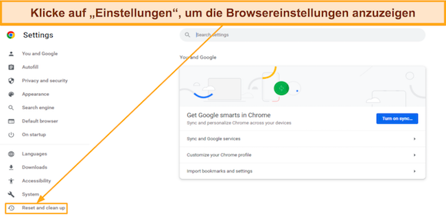 Screenshot, der zeigt, wie man auf das Reset-Menü von Chrome zugreift