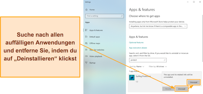 Screenshot, der zeigt, wie verdächtige Apps über das Windows-Menü „Apps und Funktionen“ deinstalliert werden
