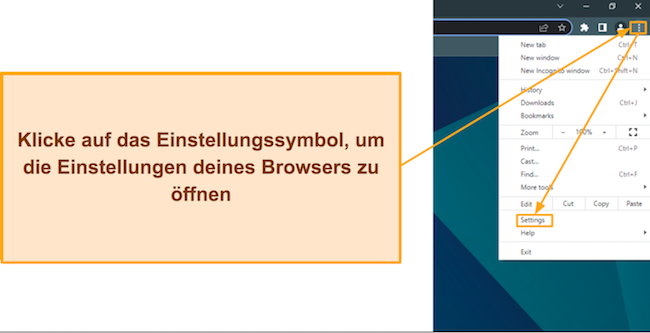 Screenshot, der zeigt, wie man auf die Browsereinstellungen von Chrome zugreift