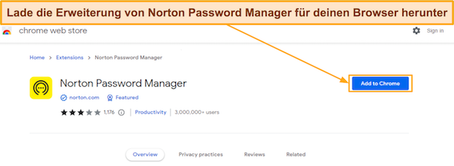 Screenshot, der zeigt, wie der Norton Password Manager auf Chrome installiert wird