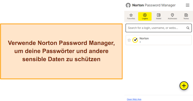Screenshot, der die Benutzeroberfläche von Norton Password Manager nach der Einrichtung zeigt