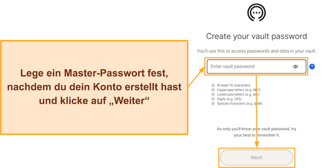Screenshot, der zeigt, wie man ein Hauptkennwort für Norton Password Manager einrichtet
