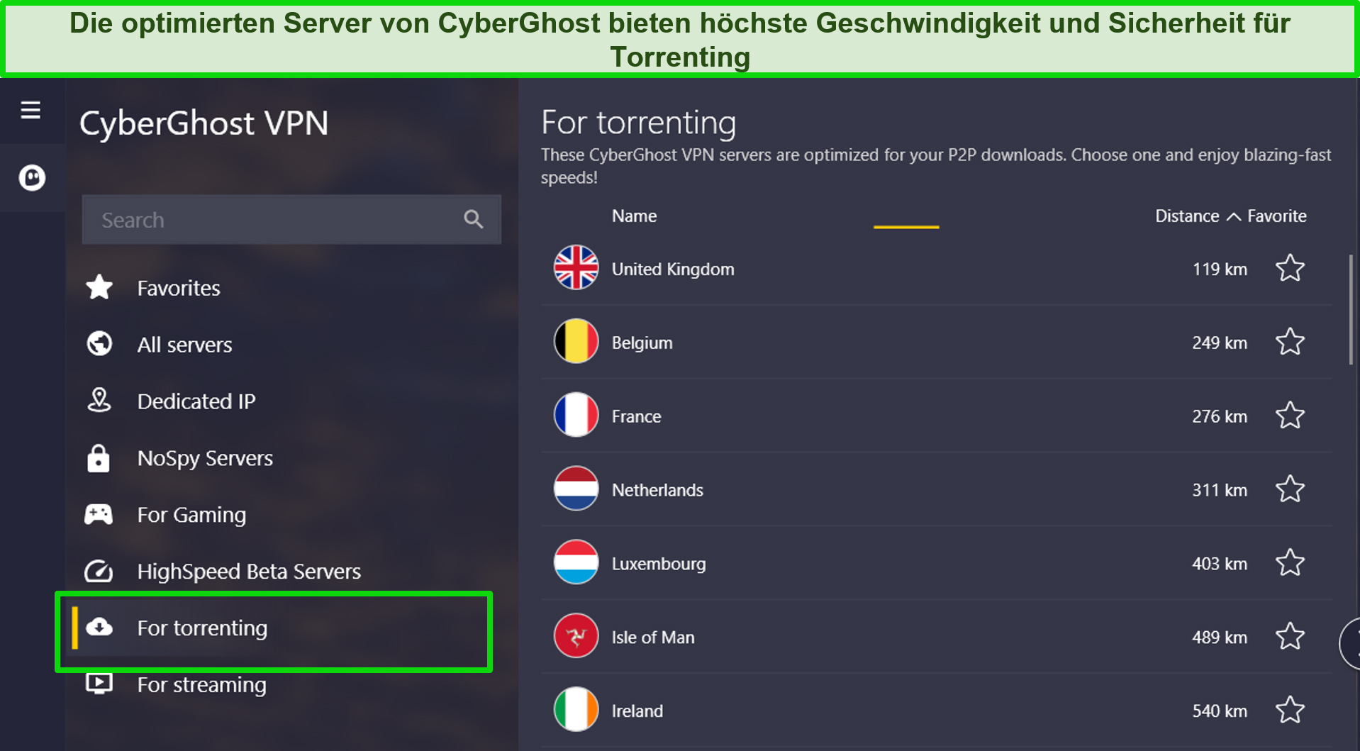 Screenshot of CyberGhost's torrenting servers on its Windows app