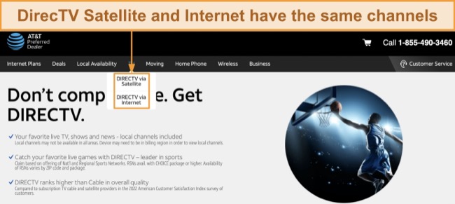 Screenshot of DirecTV's plans via satellite and internet on its website