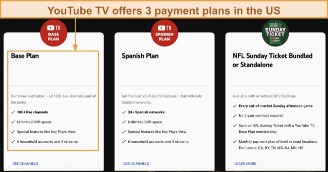 Screenshot of YouTube TV's subscription plans on its website