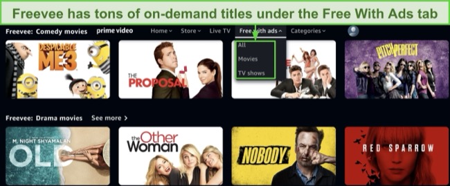 Screenshot of Freevee's homepage containing on-demand titles under the Free with Ads tab