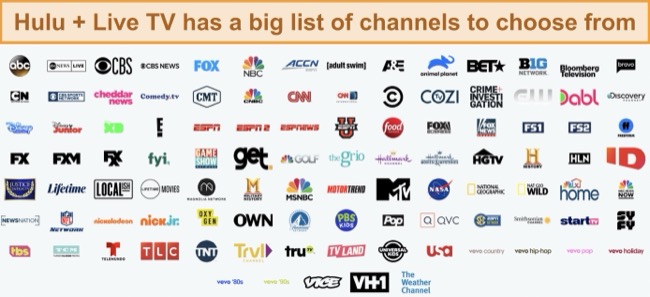 Screenshot of channel availability list on Hulu + Live TV