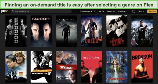 Screenshot of Plex website's interface showing various movies