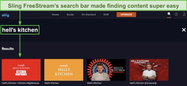  Screenshot of searching Hell's Kitchen on Sling FreeStream's search bar to find relevant content