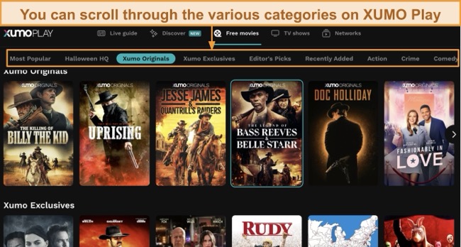 Screenshot of various categories of content available on XUMO Play's homepage