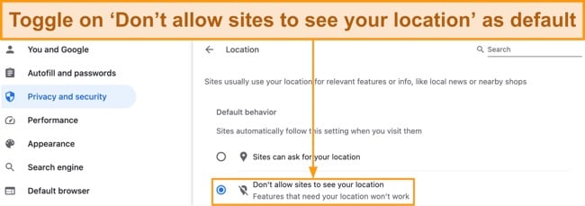 Screenshot of Chrome Settings displaying location permissions under the Privacy and Security tab
