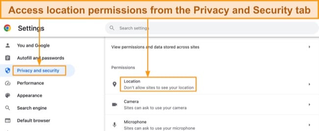 Screenshot of Chrome Settings displaying location permissions under the Privacy and Security tab