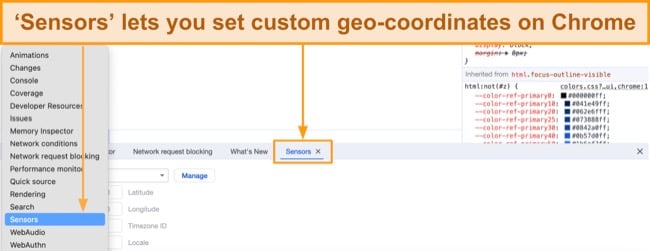 Screenshot of how to access the 'Sensors' tab using Chrome's developer tools