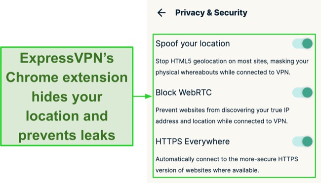 Screenshot of ExpressVPN's location-hiding features on Chrome extension
