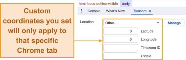 Screenshot of how to set custom latitude and longitude coordinates using Chrome's developer tools