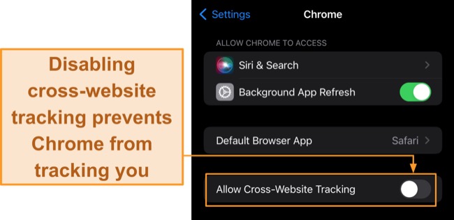 Screenshot of how to turn off location tracking for Chrome on iPhone