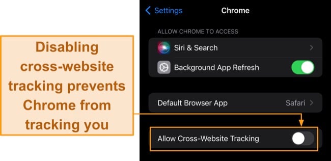 Screenshot of how to turn off location tracking for Chrome on iPhone