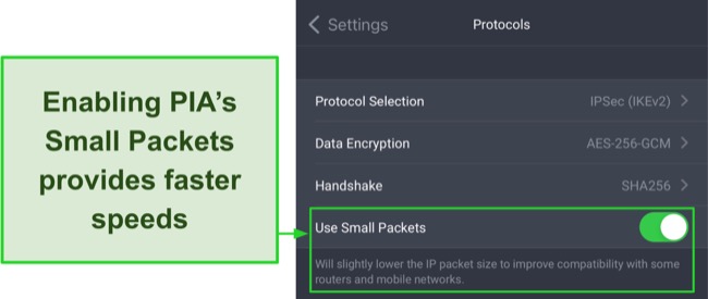 Screenshot of how to enable small packets feature on PIA's iOS app