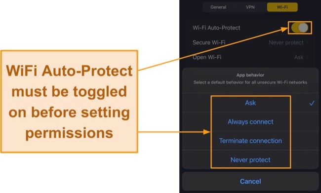 Screenshot of CyberGhost's iOS app asking auto-connect permissions for a WiFi network