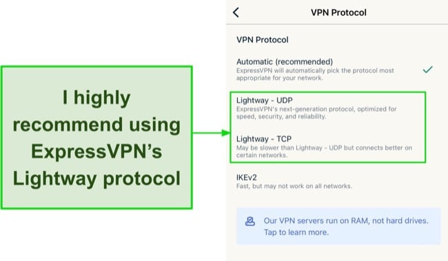 Screenshot of ExpressVPN's VPN protocol options on its iOS app