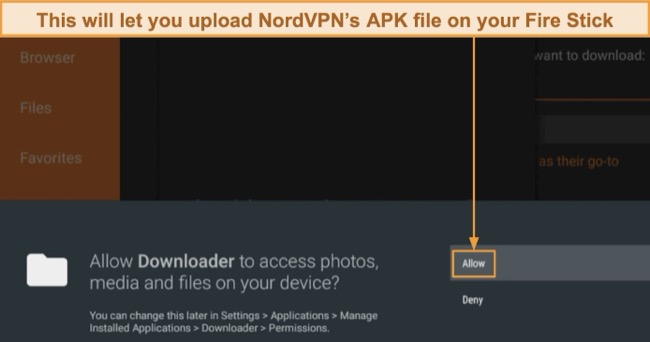 Screenshot of the Downloader app asking for access to photos, media, and local files on Amazon Fire Stick