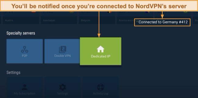 Screenshot of NordVPN notifying connection to a server on Amazon Fire Stick