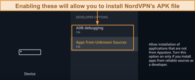 Screenshot of how to enable ADB debugging and apps from unknown sources from Amazon Fire Stick's Developer Options