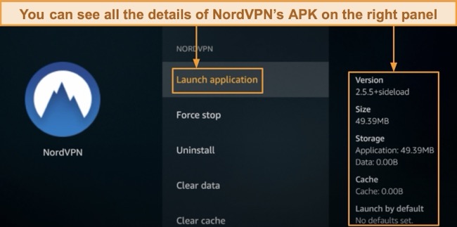 Screenshot of how to launch NordVPN's APK file from Fire Stick's Manage Installed Applications menu