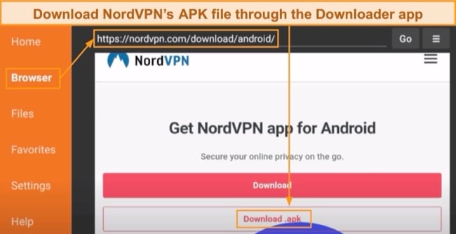 Screenshot of downloading NordVPN's APK file through the Downloader app on Amazon Fire Stick