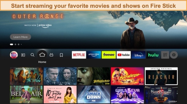 Screenshot of Amazon Fire Stick's home page displaying various shows and movies
