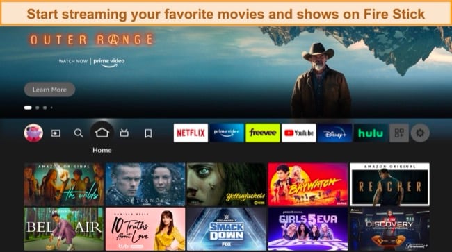 Screenshot of Amazon Fire Stick's home page displaying various shows and movies