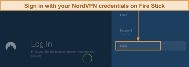 Screenshot of how to log in to NordVPN's app on Fire Stick