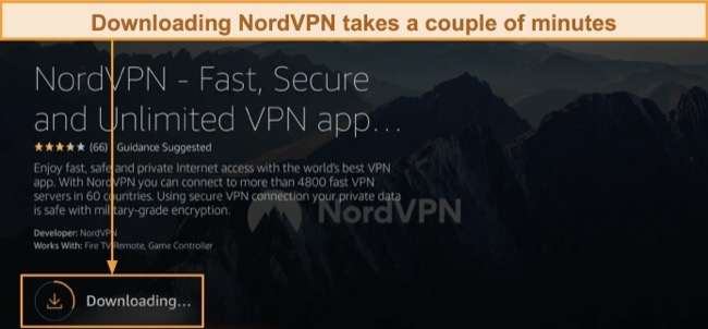 Screenshot of NordVPN app downloading on Amazon Fire Stick