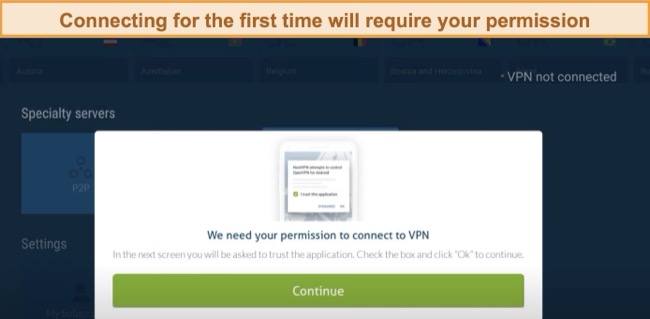 Screenshot of NordVPN asking permission to connect when connecting to a server for the first time on Amazon Fire Stick