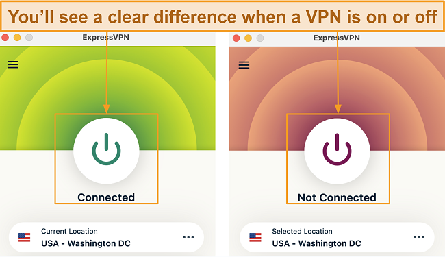 Screenshot of the visual difference when ExpressVPN is connected and not connected