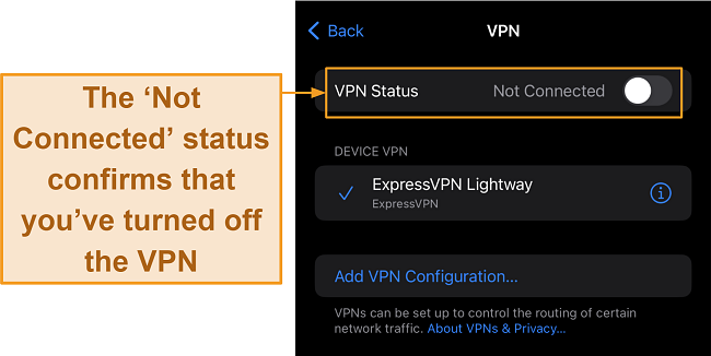 Screenshot of an iPhone's VPN Status bar showing 'Not Connected'