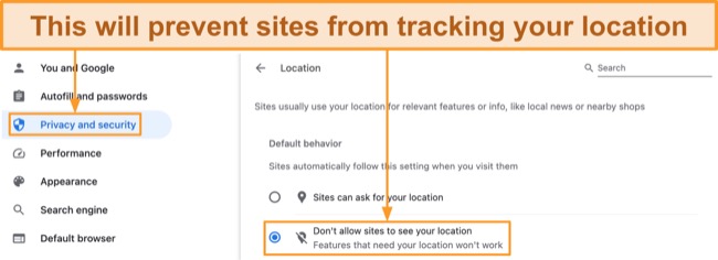 Screenshot of how to disable location tracking from Chrome settings
