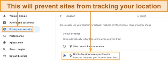 Screenshot of how to disable location tracking from Chrome settings