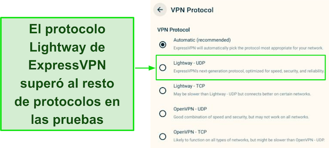 Captura de pantalla de la lista de protocolos ExpressVPN en su aplicación Fire Stick