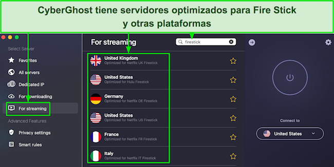 Captura de pantalla de la lista de CyberGhost de servidores optimizados para streaming para Fire Stick