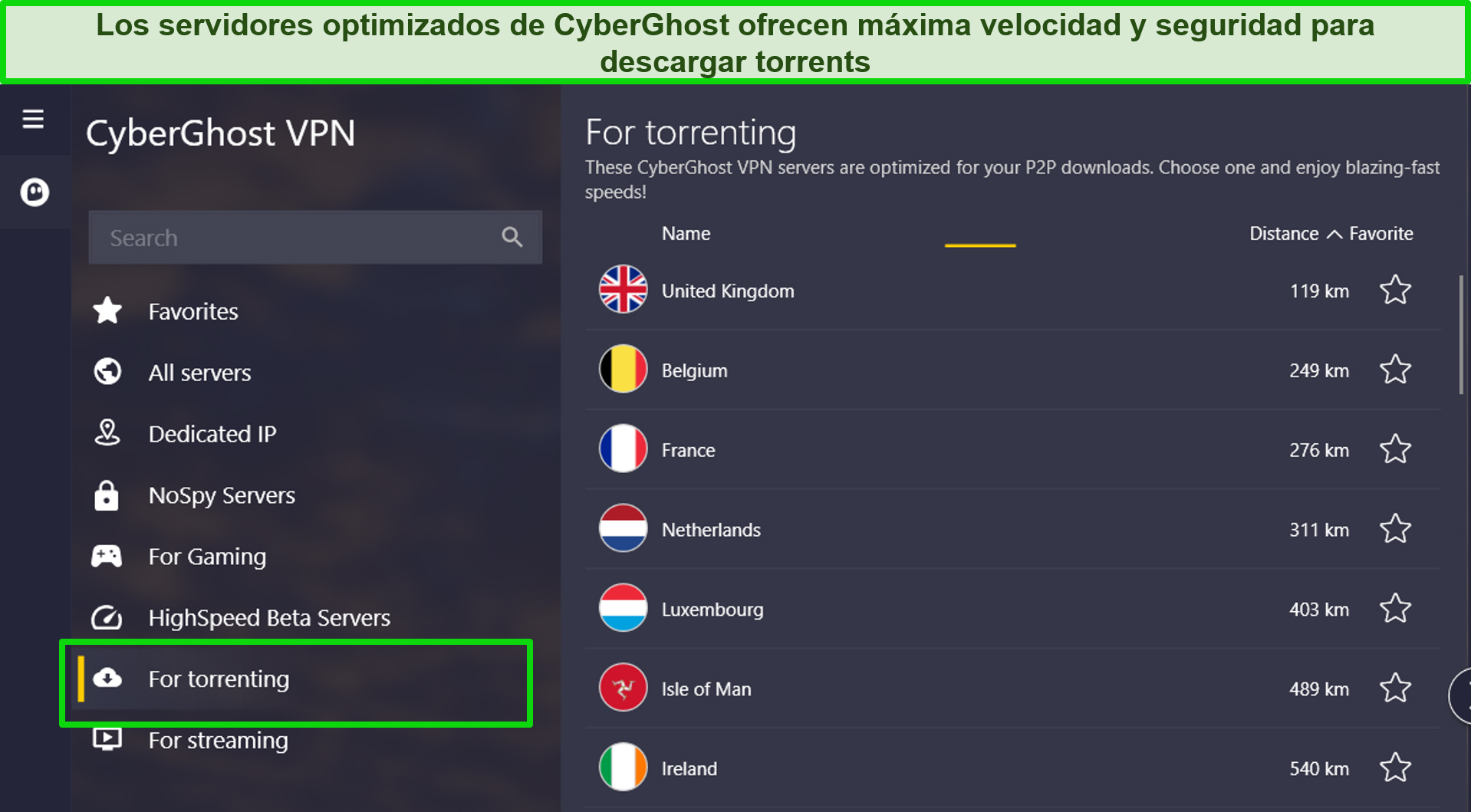 Screenshot of CyberGhost's torrenting servers on its Windows app
