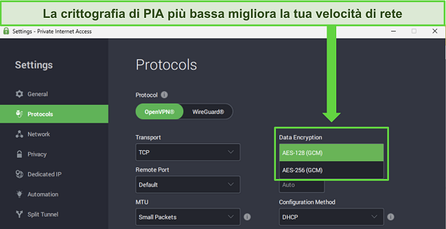  Immagine dell'app Windows di PIA, che mostra le funzionalità personalizzabili in grado di fornire un incremento della velocità di rete.