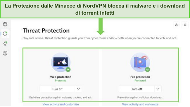 Immagine dell'app Windows di NordVPN, che mostra la funzione Protezione dalle Minacce attivata.