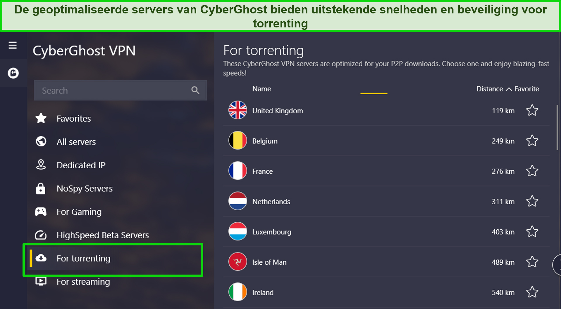 Screenshot of CyberGhost's torrenting servers on its Windows app