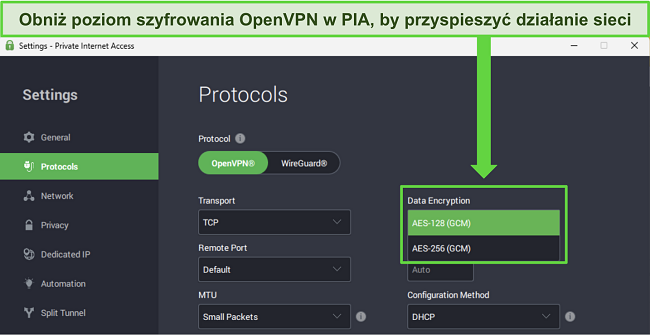 Polish: Zdjęcie aplikacji Windows PIA, pokazujące dostosowywalne funkcje, które mogą zwiększyć prędkość sieci.