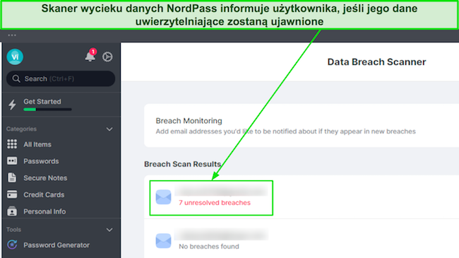 Zrzut ekranu wyników skanera naruszeń danych NordPass