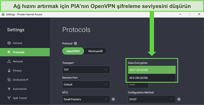 PIA'nın Windows uygulamasının görüntüsü, ağ hızını artırabilecek özelleştirilebilir özellikleri göstermektedir.