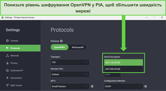 Зображення додатка PIA для Windows, що демонструє налаштовувані функції, які можуть збільшити швидкість мережі.