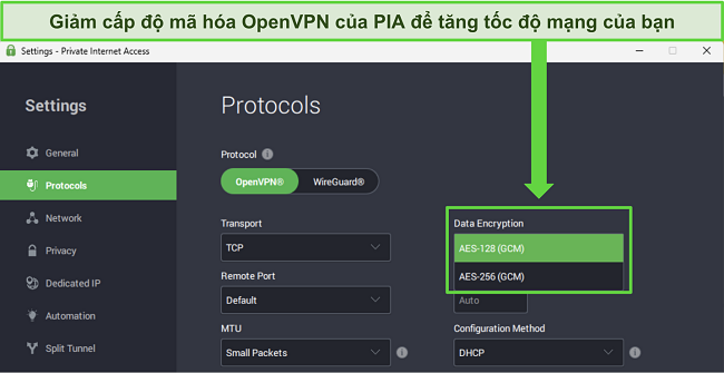 Hình ảnh ứng dụng Windows của PIA, hiển thị các tính năng tùy chỉnh có thể tăng tốc độ mạng.