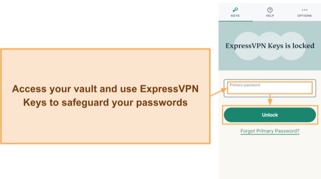Screenshot showing how to access your vault and start using ExpressVPN Keys